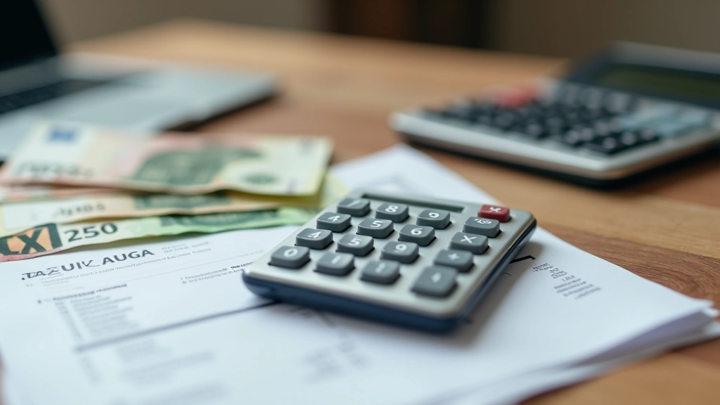 Taschenrechner zeigt Steuereinsparungen, neben Geldscheinen und Steuerformularen