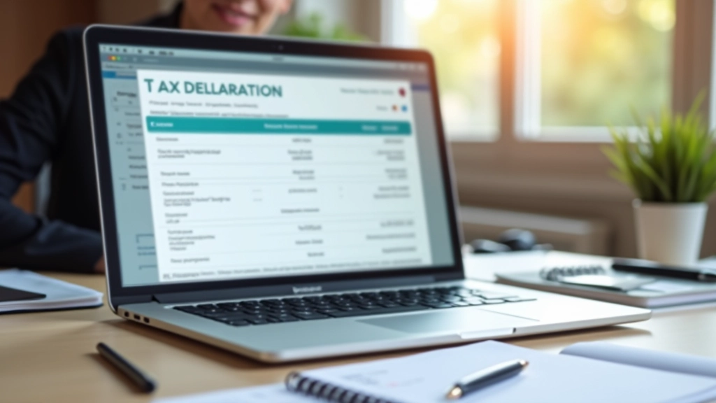Laptop zeigt Steuererklärungsformular mit mehreren Registerkarten und Dokumenten daneben