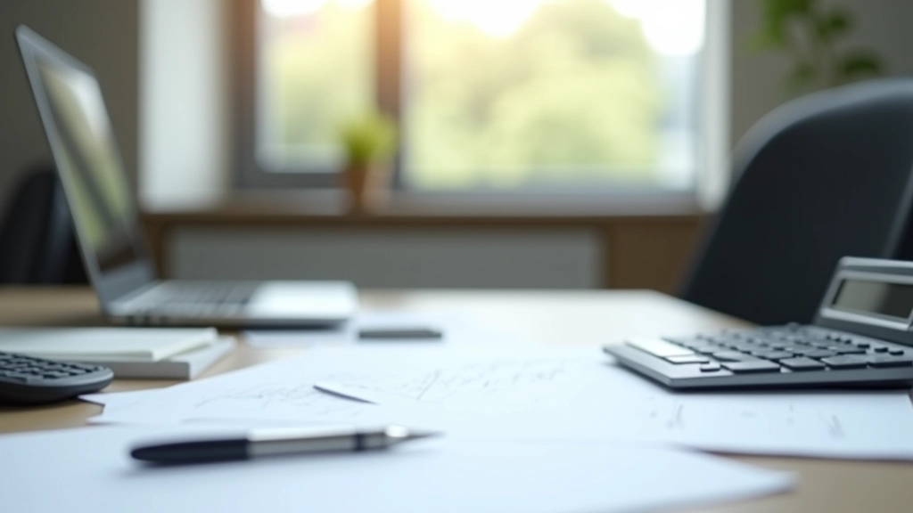 Schreibtisch mit Laptop, Taschenrechner und Steuerdokumenten in modernem Büro