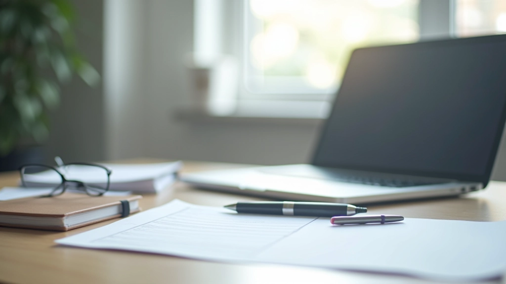 Schreibtisch mit Computer, Notizbüchern und Arbeitsmaterialien in einem modernen Büro