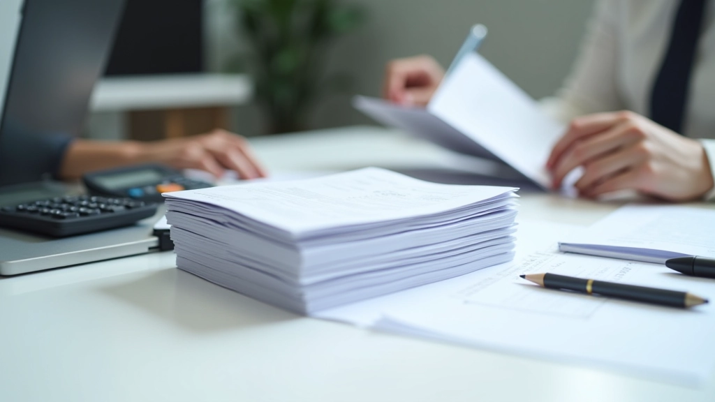 Stapel von Steuererklärungsformularen und Dokumenten auf einem Schreibtisch mit Taschenrechner